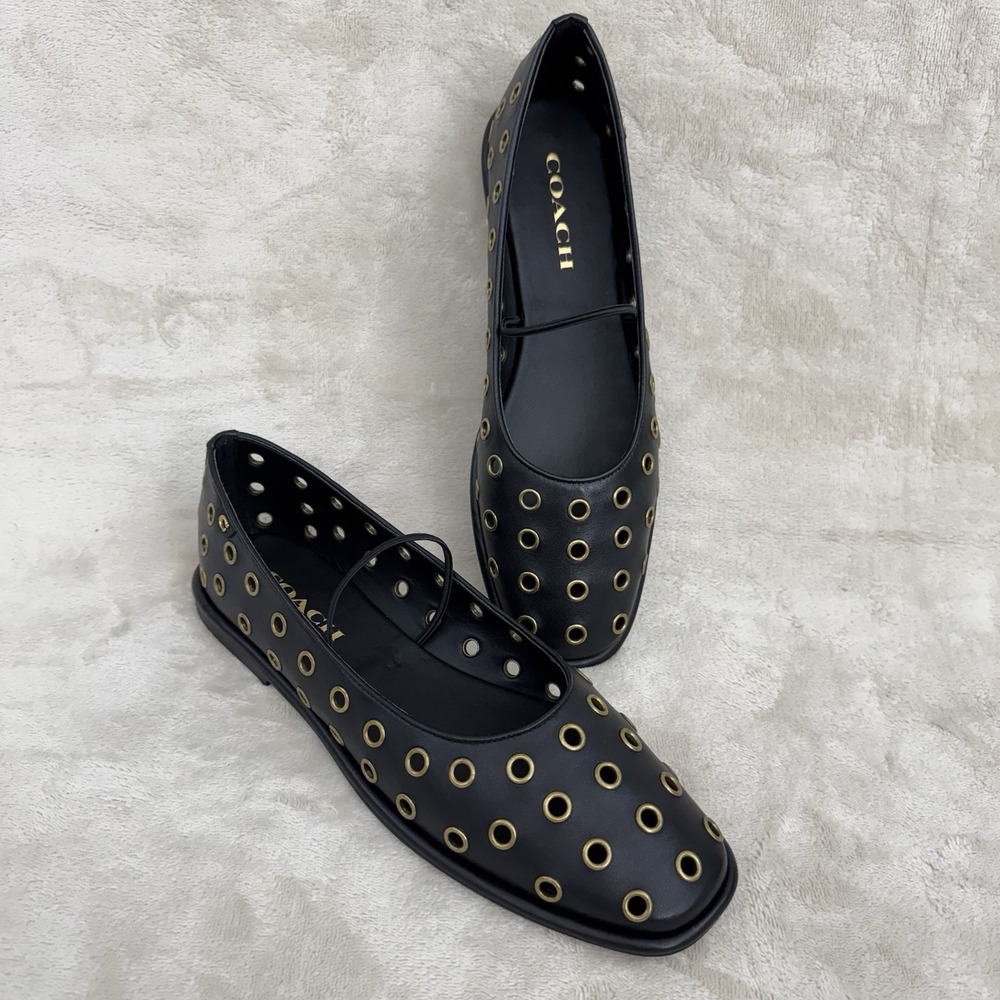 Coach Emilia Mary Jane Flats Black Leather Grommet Slip On Shoes 8.5B NWOB
